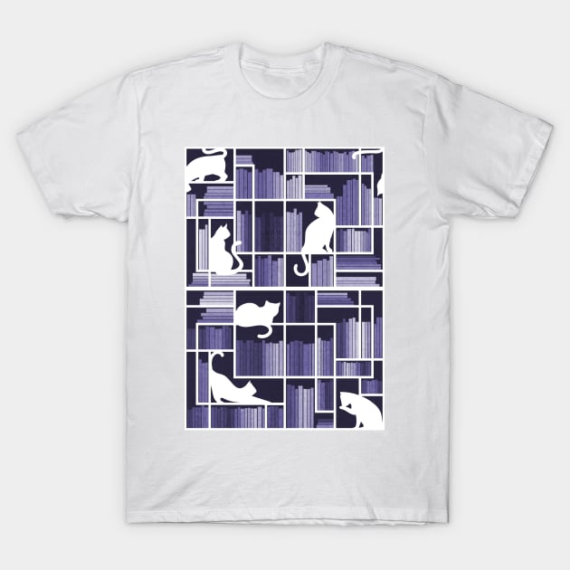 Rainbow bookshelf // monochromatic violet white shelf and library cats T-Shirt by SelmaCardoso